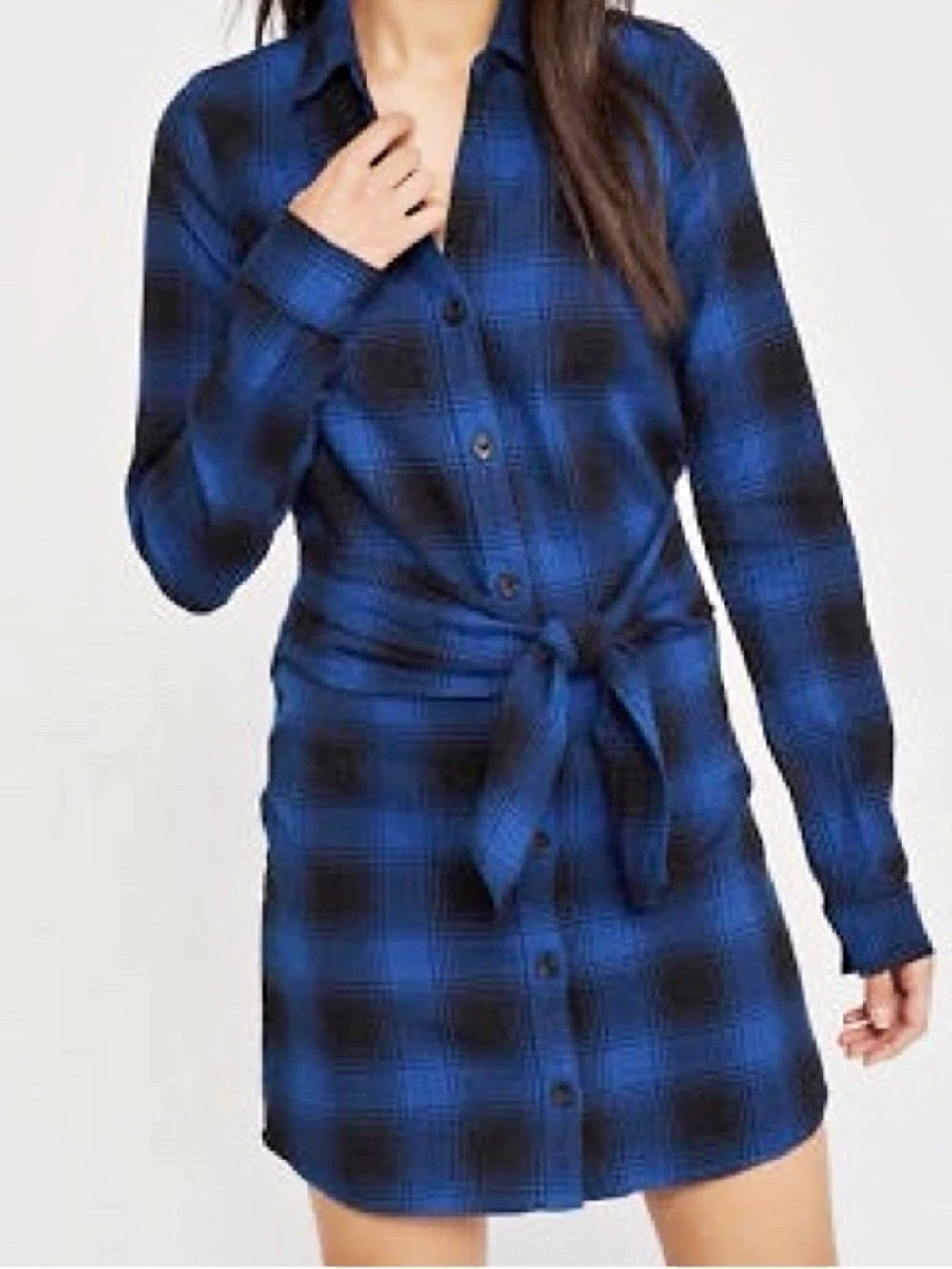 Abercrombie & Fitch Plaid Flannel Button Front Mini Shirt Dress Blue & Black Med